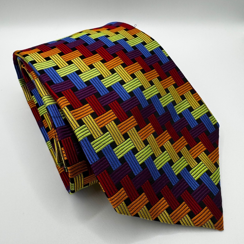 Paul Fredrick Mens Silk Tie Multi Color Basketweave Geometric‎ Hand Made Necktie